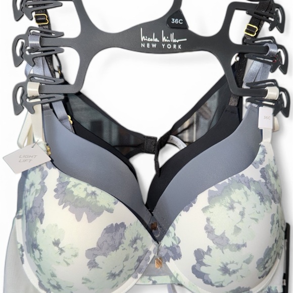 Nicole Miller Floral and Solid Light Lift (3)Bras Set 36C -Floral/Gray/Black - Picture 2 of 7